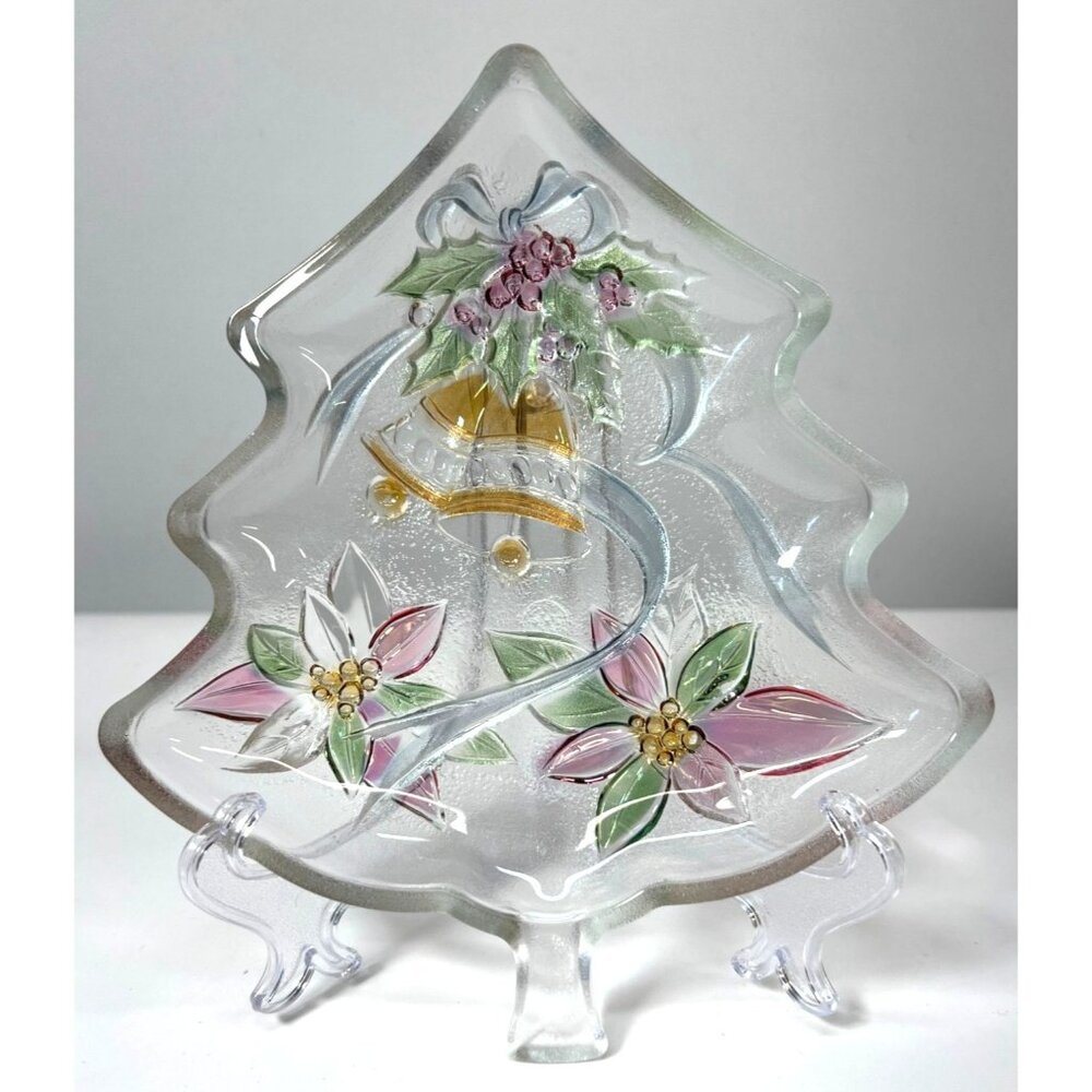 Frosted Glass Christmas Tree Dish With Floral & Bell Design